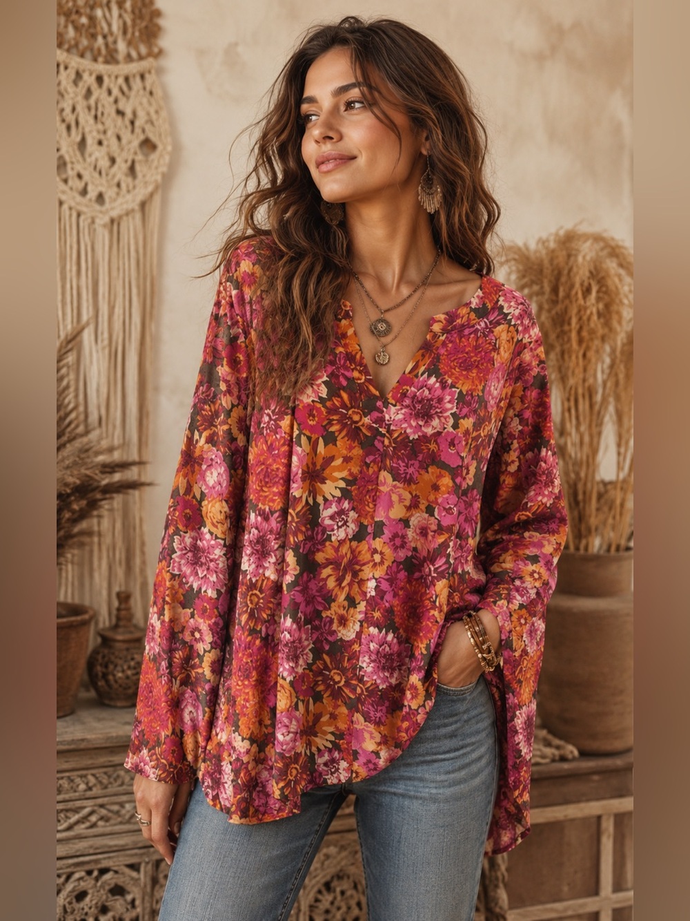 Emily Wonder Women’s Blouse 2XL NWT Floral Print Long Sleeve Tunic Top - A9